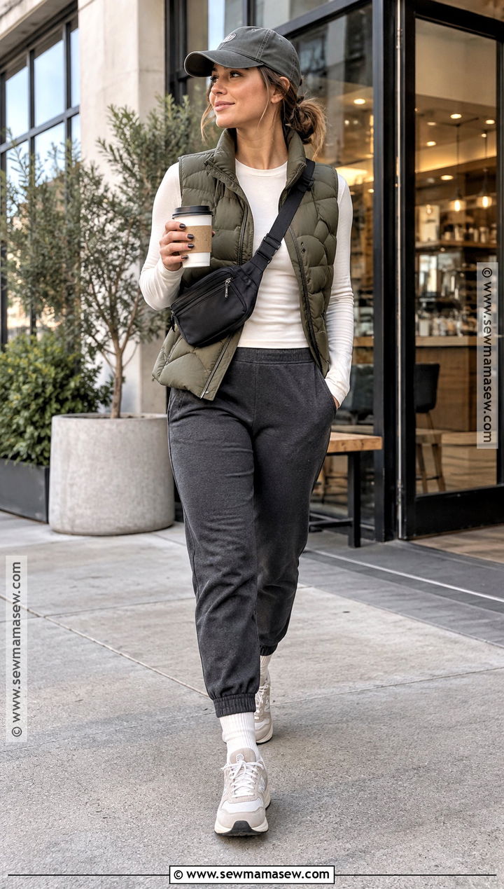 Puffer Vest And Joggers Coffee Run Outfit - 20 Fall Coffee Outfit Ideas