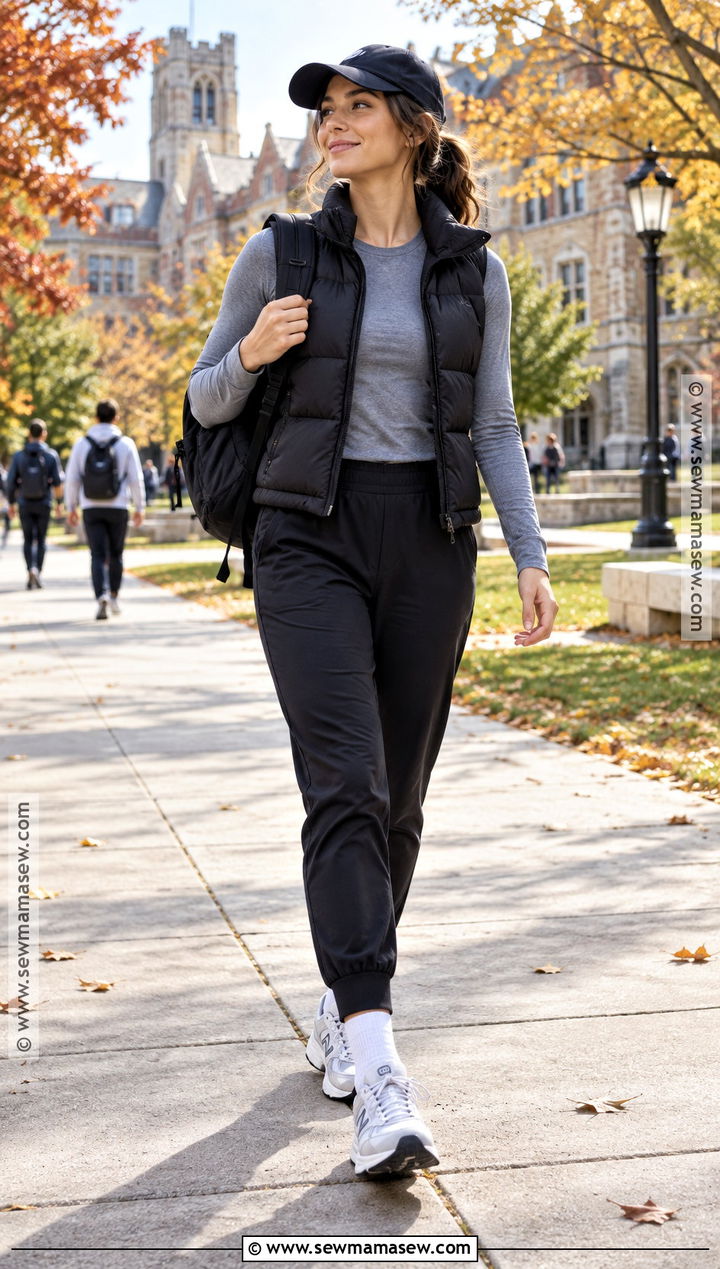 Puffer Vest And Joggers Fall College Outfit - 15 college outfits for class fall