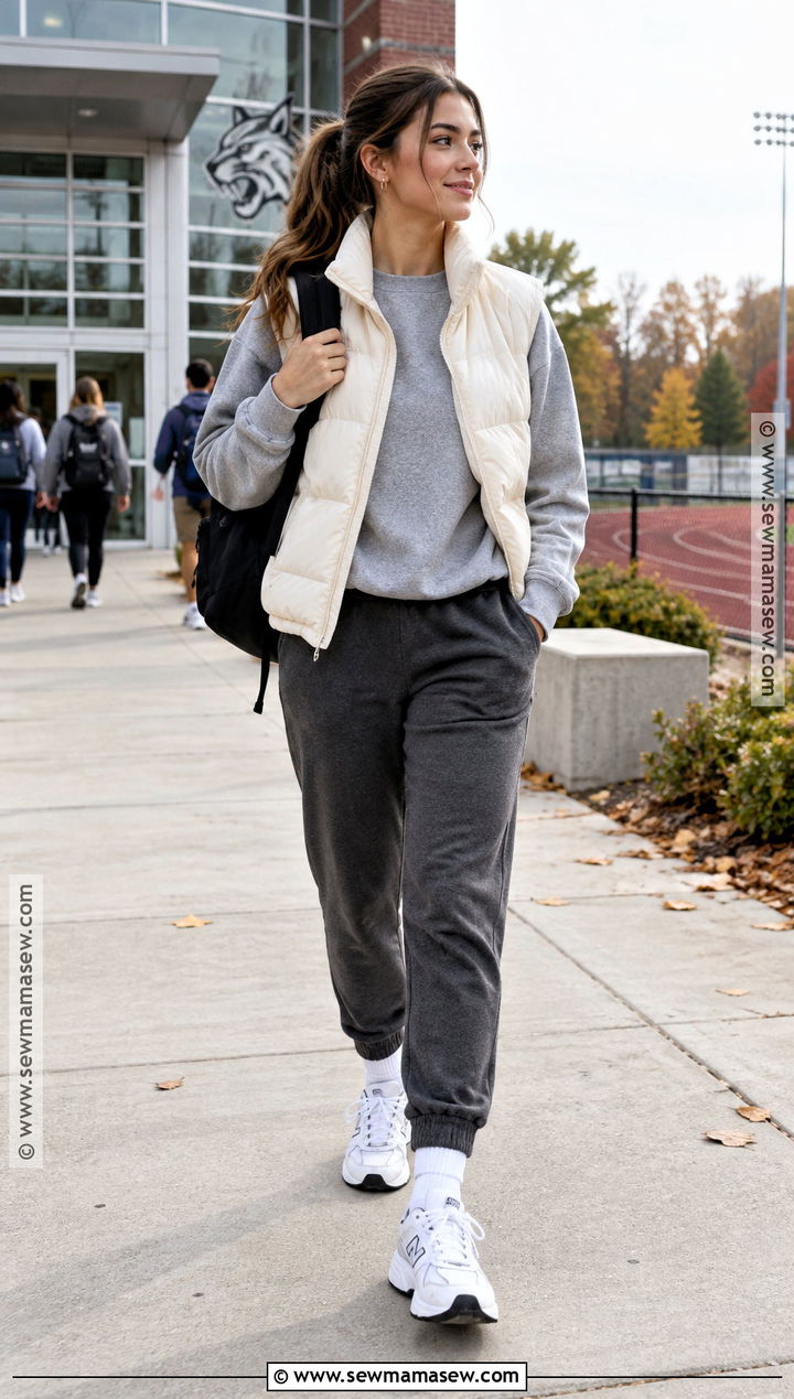 Puffer Vest And Joggers Fall School Outfit - 15 simple fall school outfits