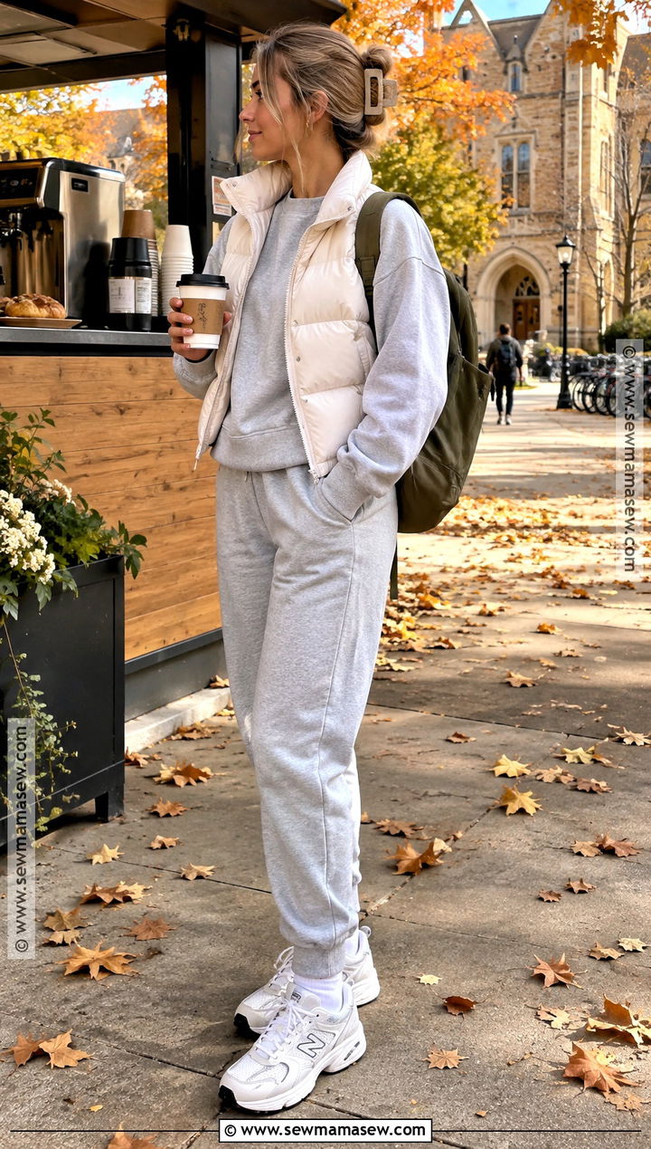 Puffer Vest And Joggers For College - 15 college class outfits fall