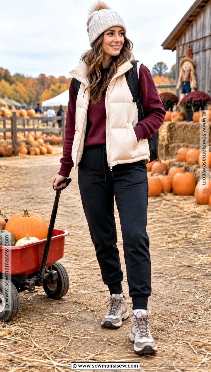 Puffer Vest And Joggers Pumpkin Patch Outfit - 20 Mom Pumpkin Patch Outfit Ideas