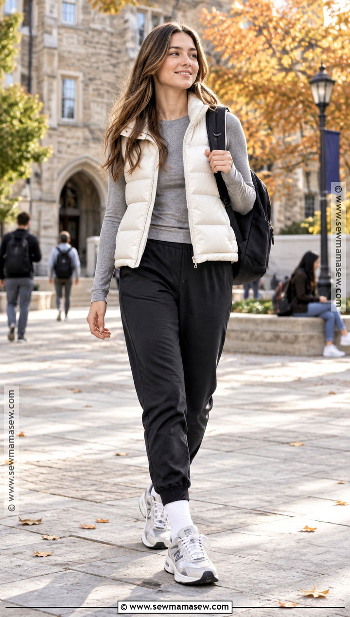 Puffer Vest And Joggers School Outfit - 20 back to school outfits autumn