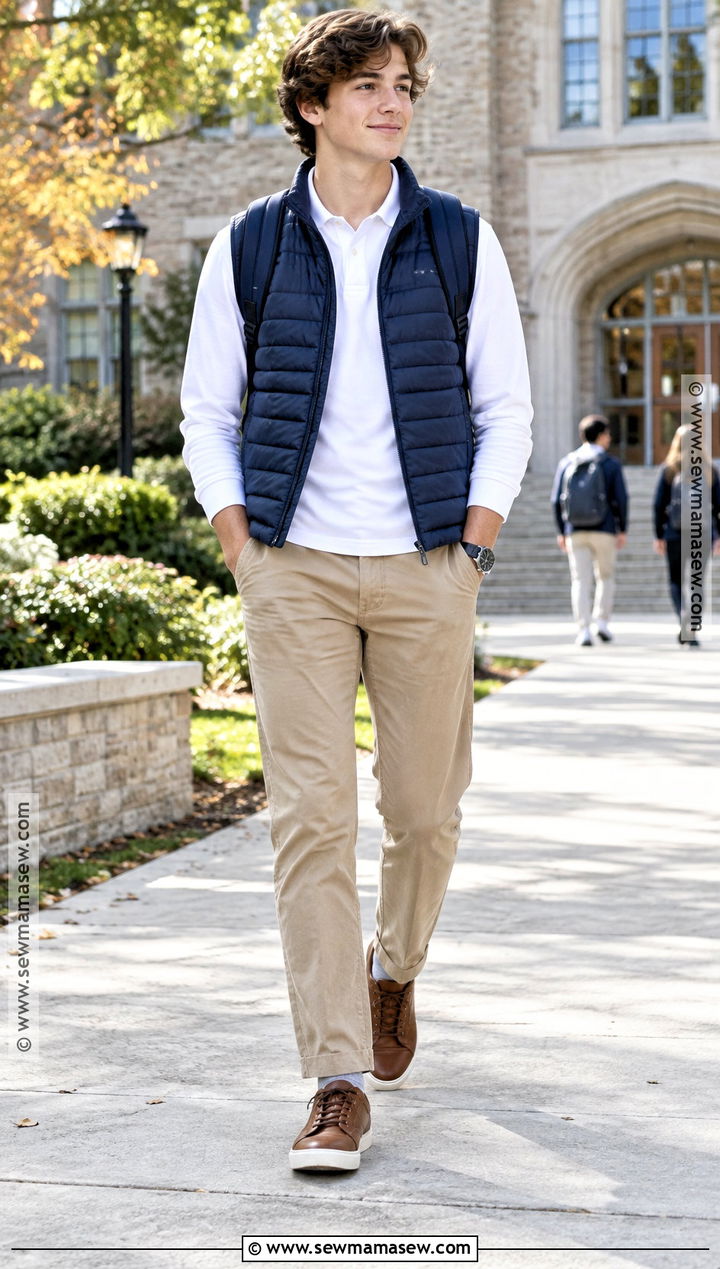 Puffer Vest And Khaki Pants Uniform Outfit - 25 Back To School Uniform Outfits