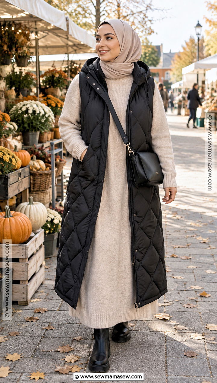 Puffer Vest And Knit Dress Hijab Outfit - 20 Hijab Fashion Autumn Ideas