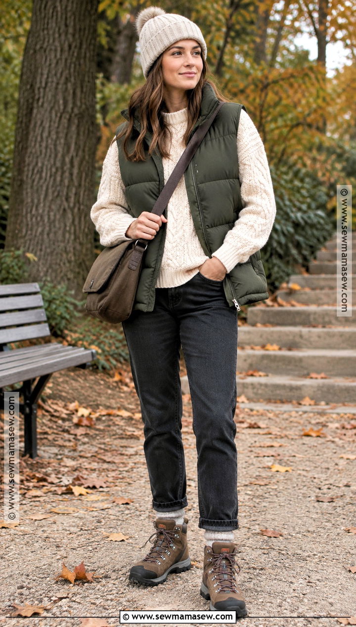 Puffer Vest And Knit Sweater Cold Autumn Outfit - 25 cold autumn outfits