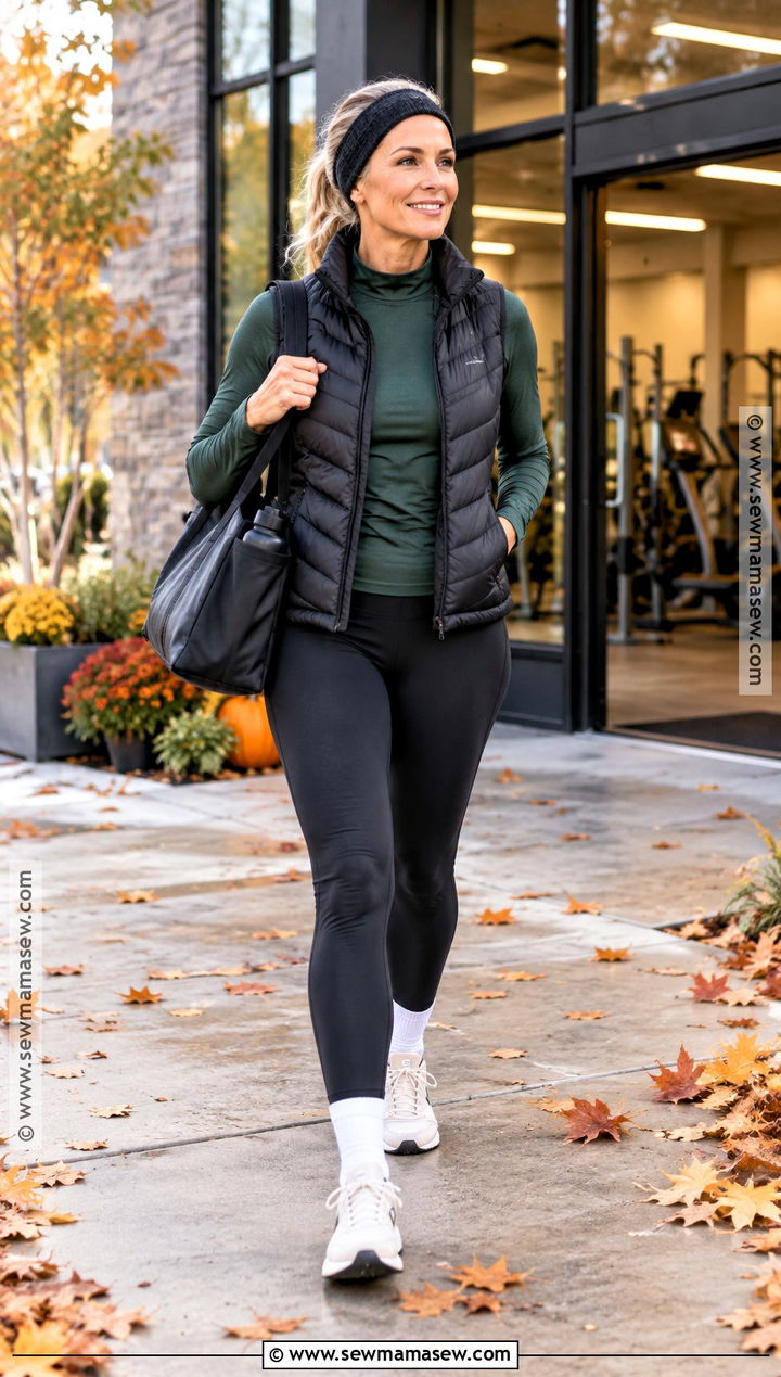 Puffer Vest And Leggings Cold Morning Fall Gym Outfit - 15 fall gym fits