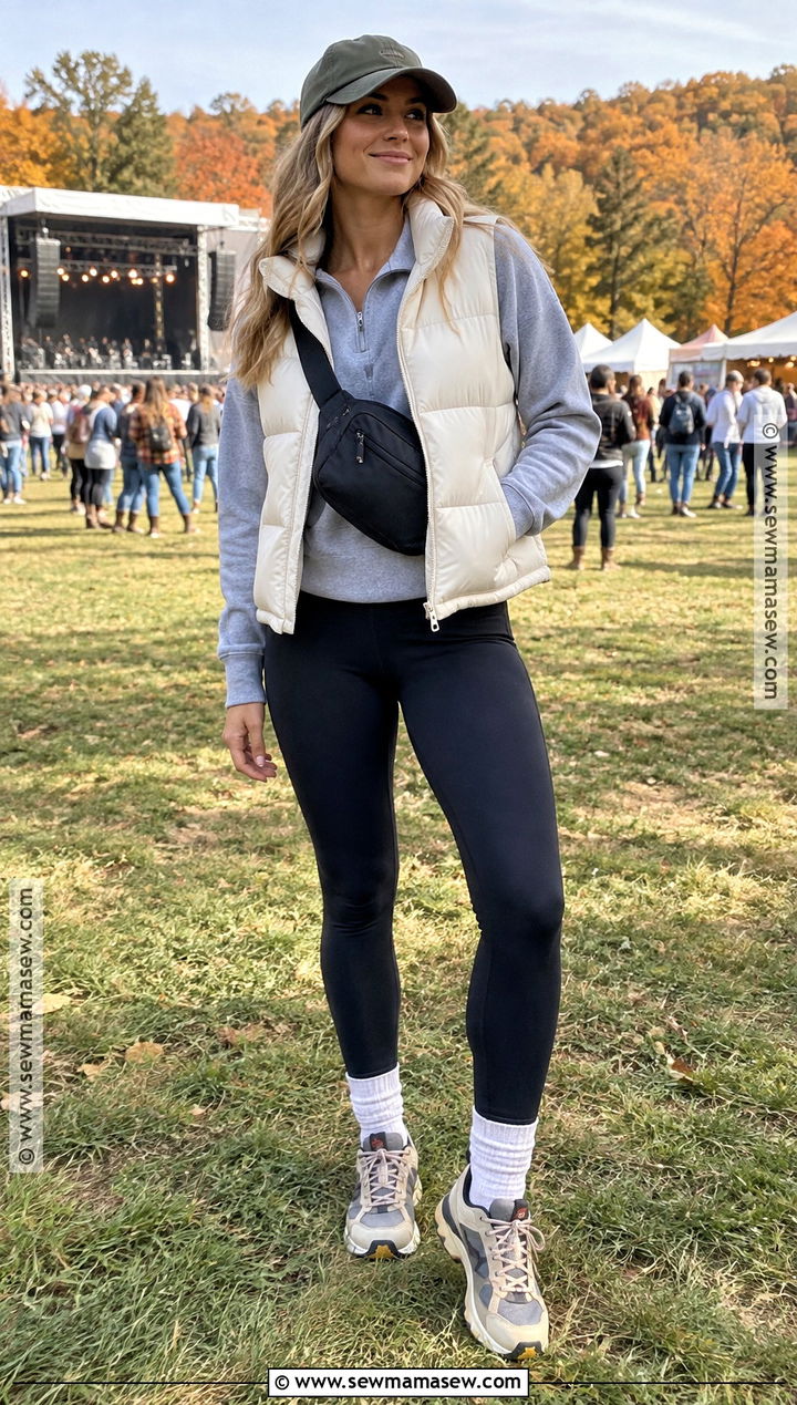 Puffer Vest And Leggings Concert Outfit - 20 outdoor concert outfit fall ideas