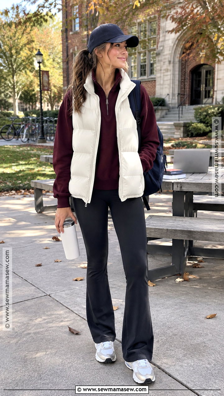 Puffer Vest And Leggings Fall College Outfit - 15 fall college class outfits