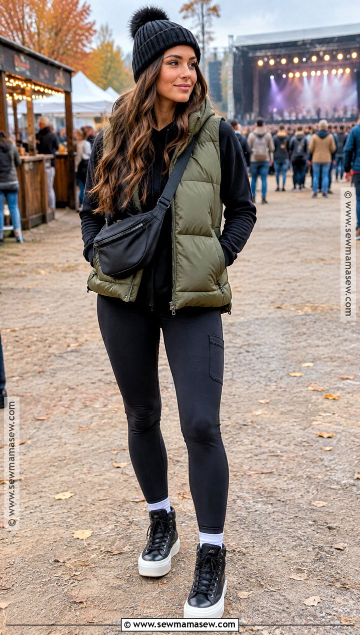 Puffer Vest And Leggings Fall Concert Outfit - 20 fall concert outfit night ideas