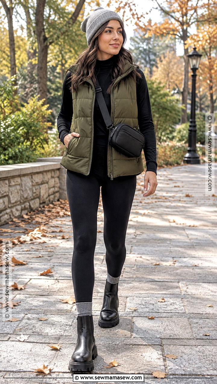 Puffer Vest And Leggings Fall Outfit - 15 Cute Fall Outfits For Cold Weather