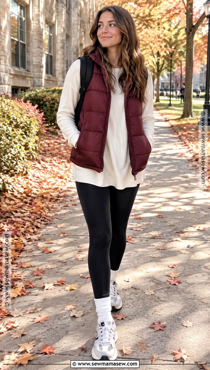 Puffer Vest And Leggings Fall School Outfit - 25 fall outfit inspo for school ideas