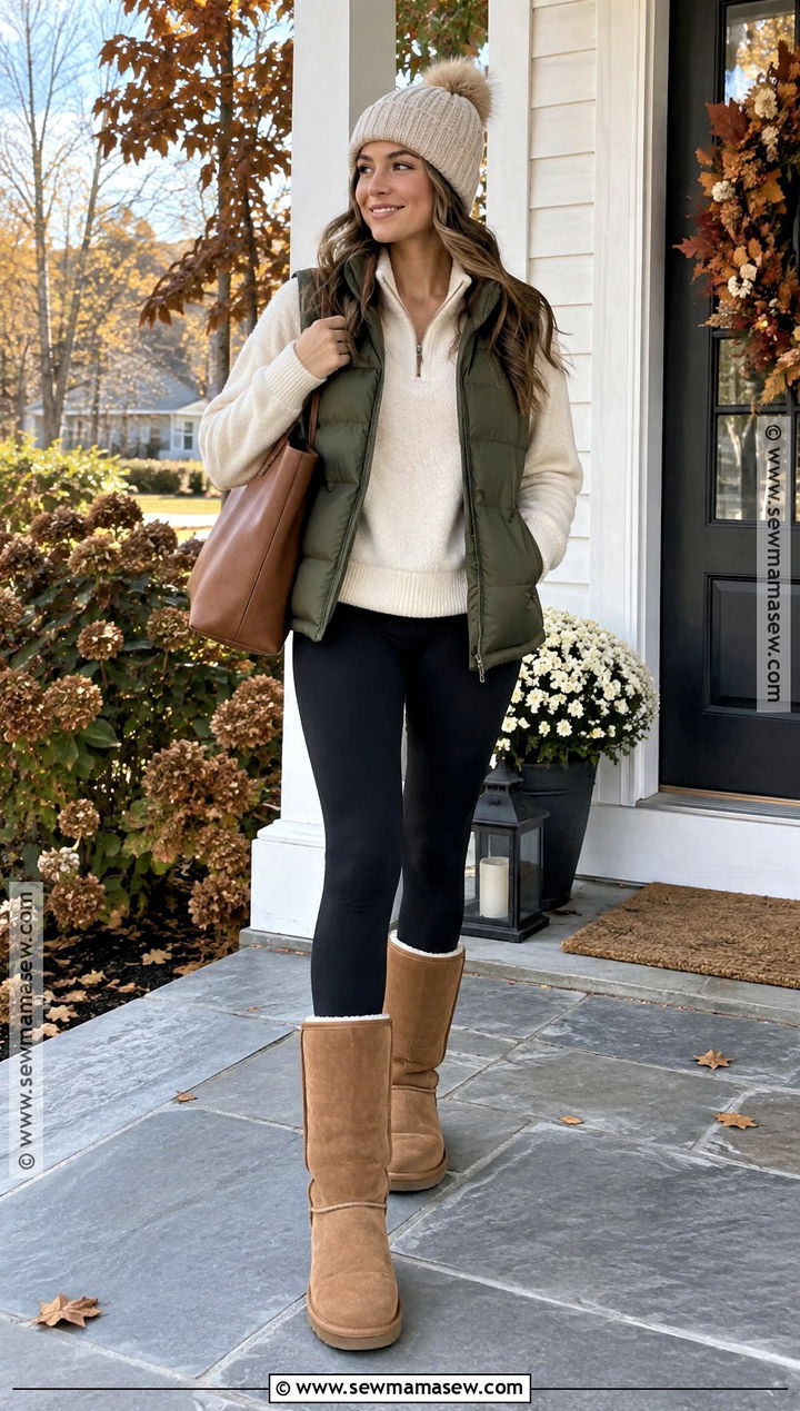 Puffer Vest And Leggings With Tall Uggs - 20 Thanksgiving Outfit With Uggs Ideas