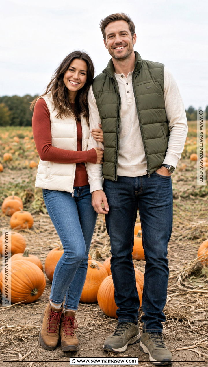 Puffer Vest And Long Sleeve Shirt Couple Outfit - 25 pumpkin patch outfit ideas for couples
