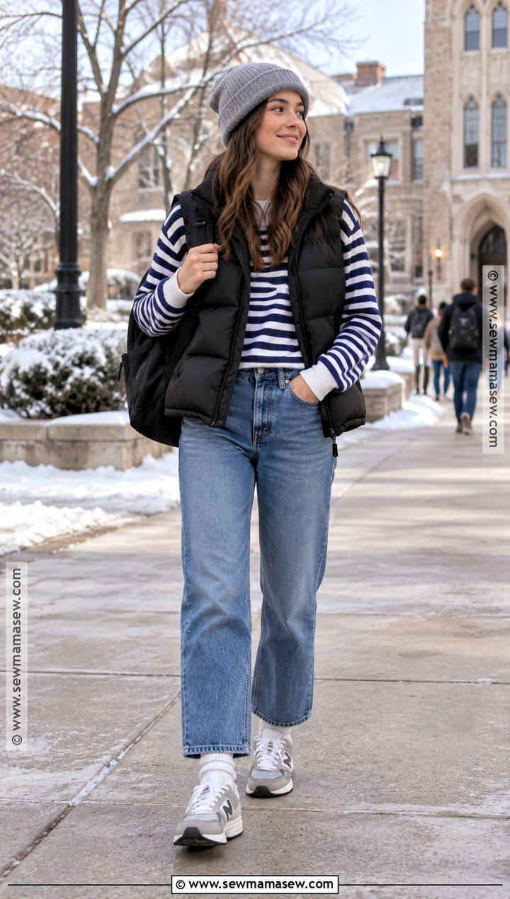 Puffer Vest And Long Sleeve Shirt Outfit - 20 Back To School After Winter Break Outfit Ideas