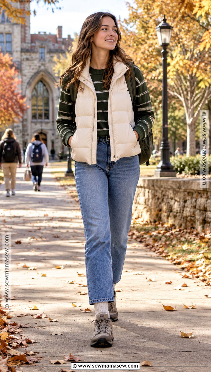 Puffer Vest And Long Sleeve Shirt School Outfit - 25 autumn outfits for school