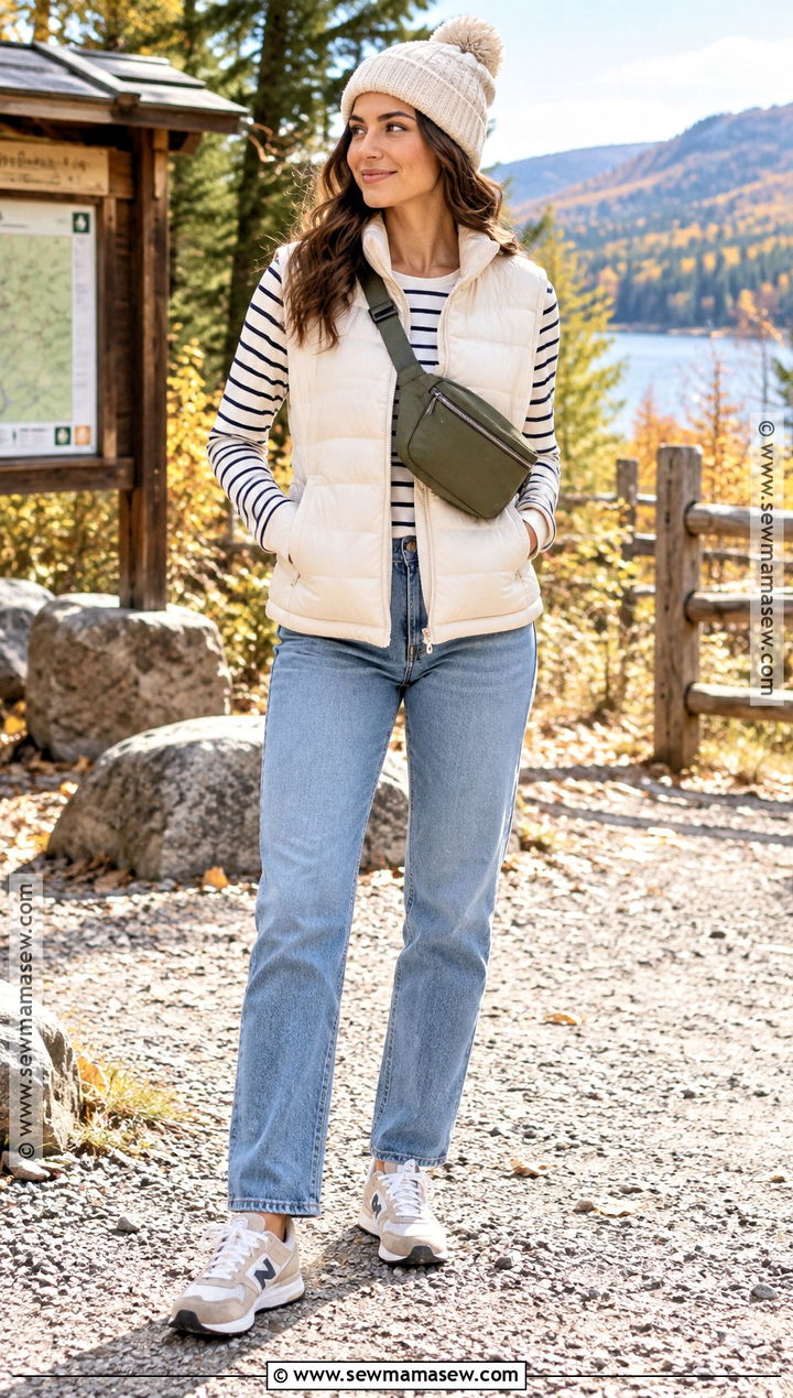 Puffer Vest And Long Sleeve Tee Autumn Outfit - 25 cute autumn outfits