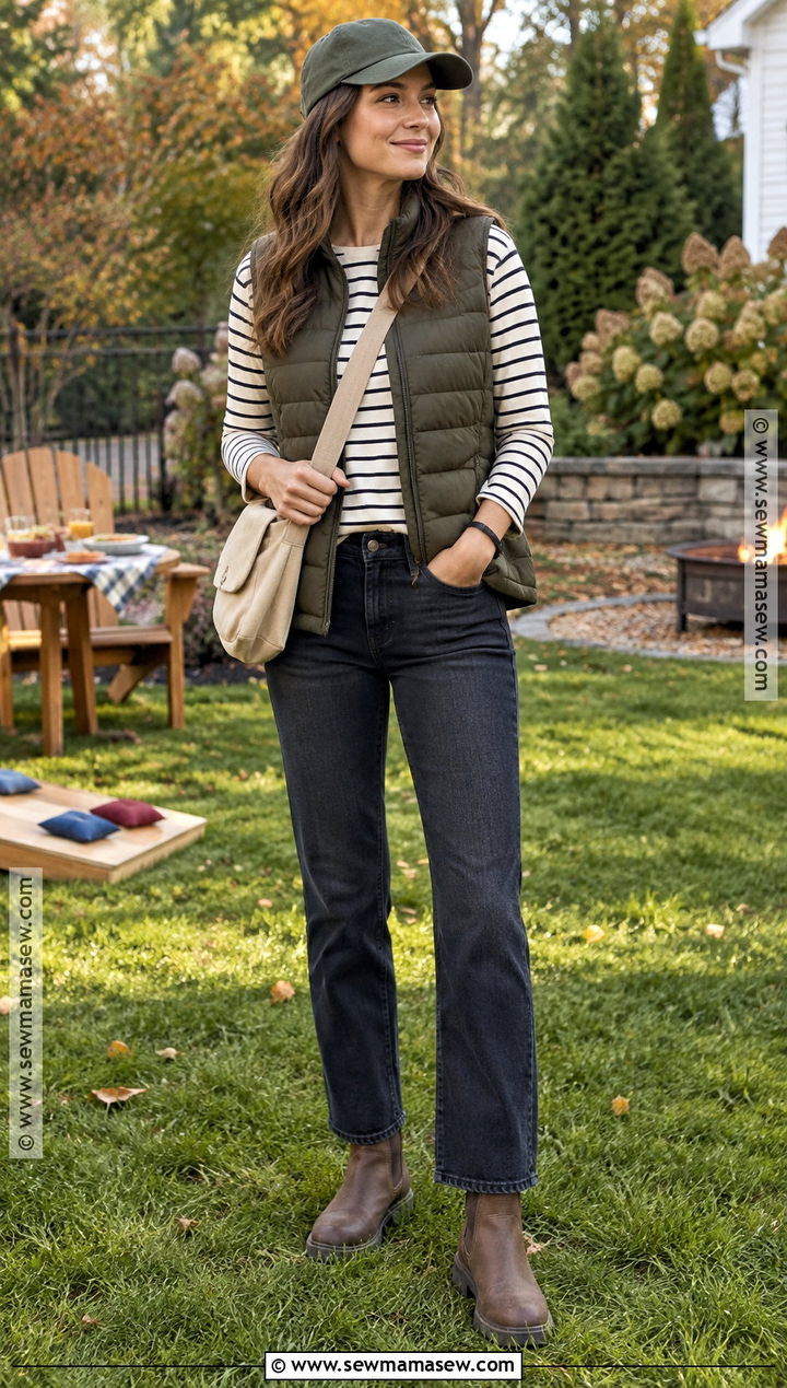 Puffer Vest And Long Sleeve Tee Fall BBQ Outfit - 20 fall bbq outfit ideas