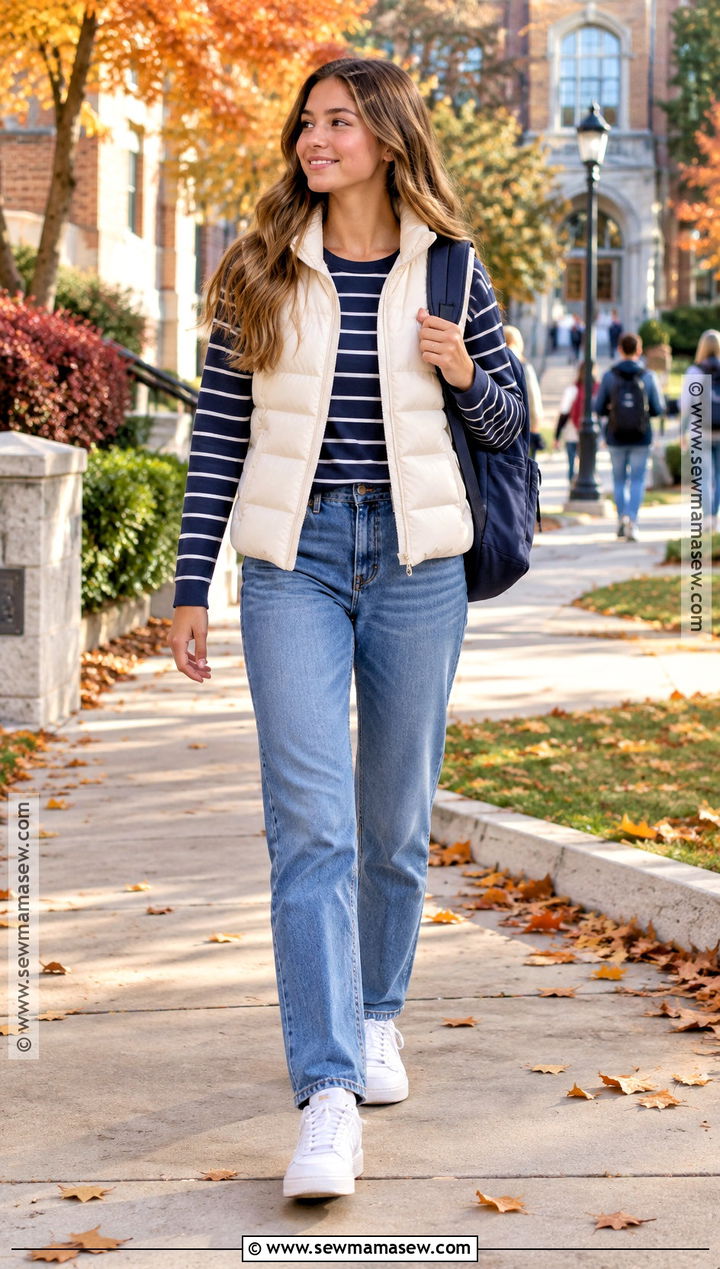 Puffer Vest And Long Sleeve Tee Fall School Outfit - 15 Fall School Outfits Highschool Casual