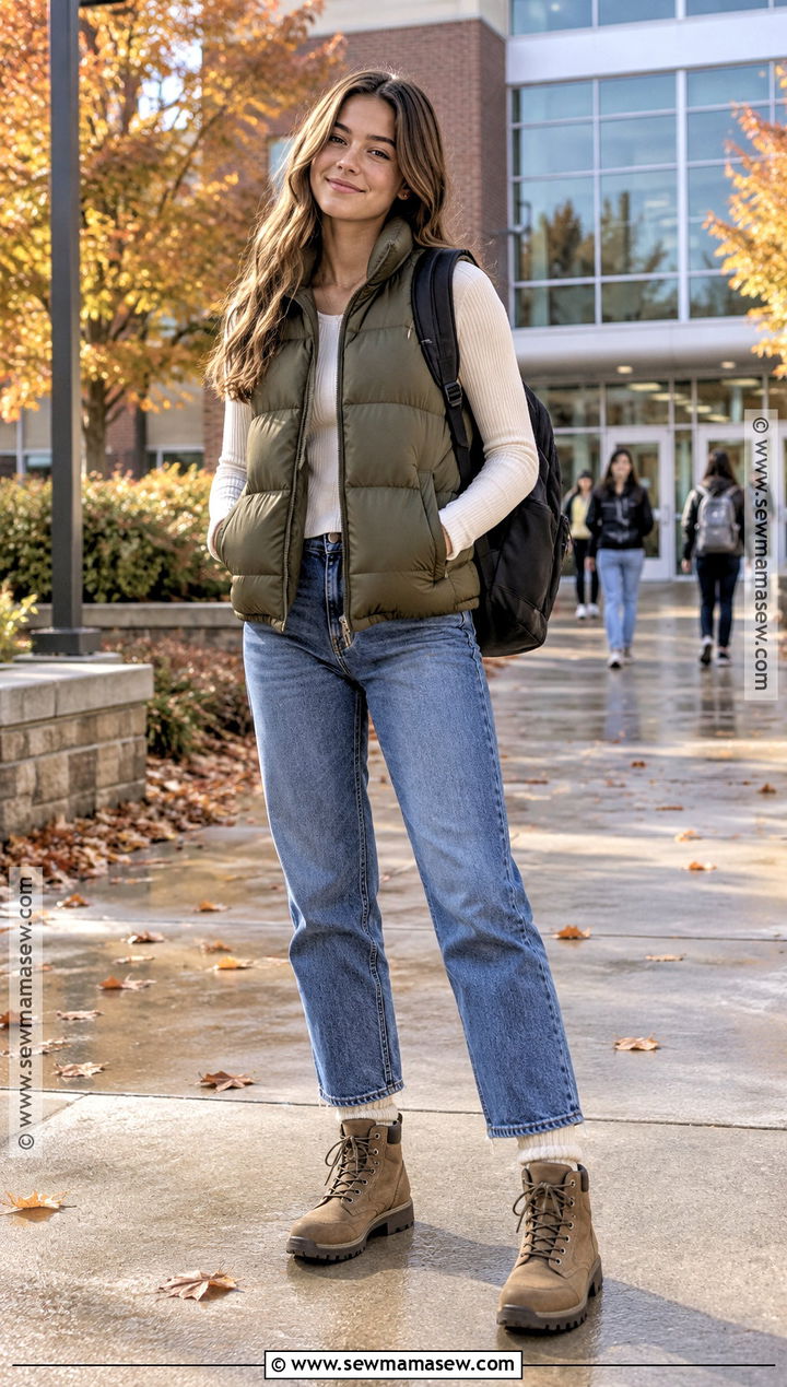 Puffer Vest And Long Sleeve Tee School Outfit - 15 cute simple outfits for school fall