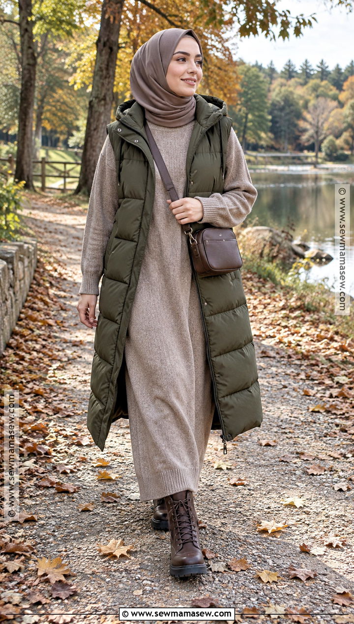 Puffer Vest And Maxi Dress Fall Hijab Outfit - 20 fall outfit hijab ideas