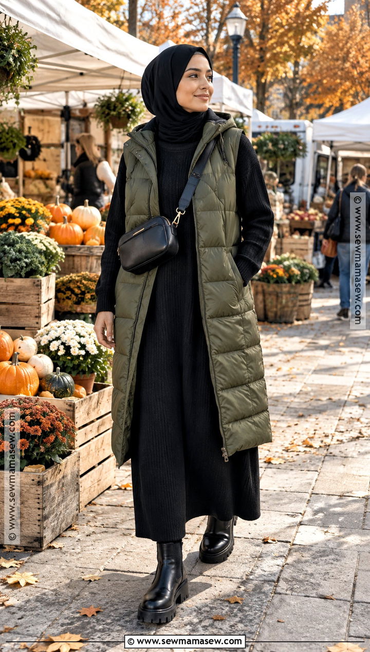 Puffer Vest And Maxi Dress Hijabi Outfit - 20 Fall Hijabi Outfits Aesthetic