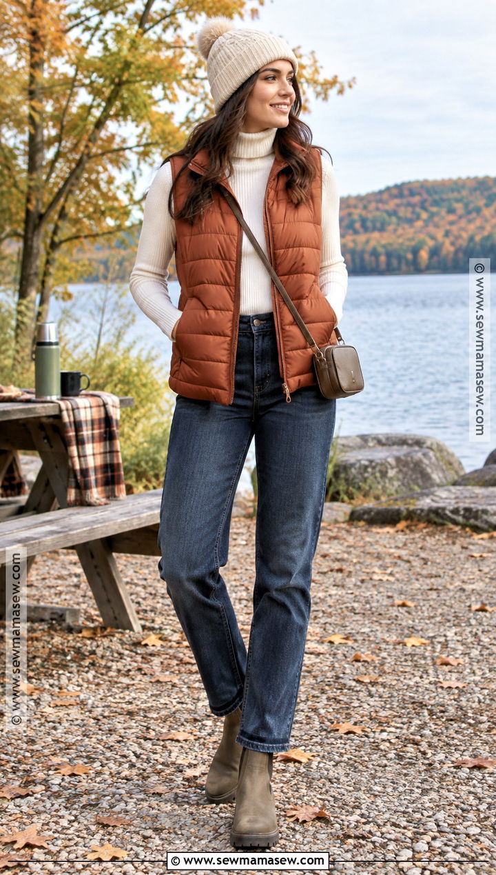 Puffer Vest And Straight Jeans Cookout Outfit - 20 Fall Cookout Outfit Ideas
