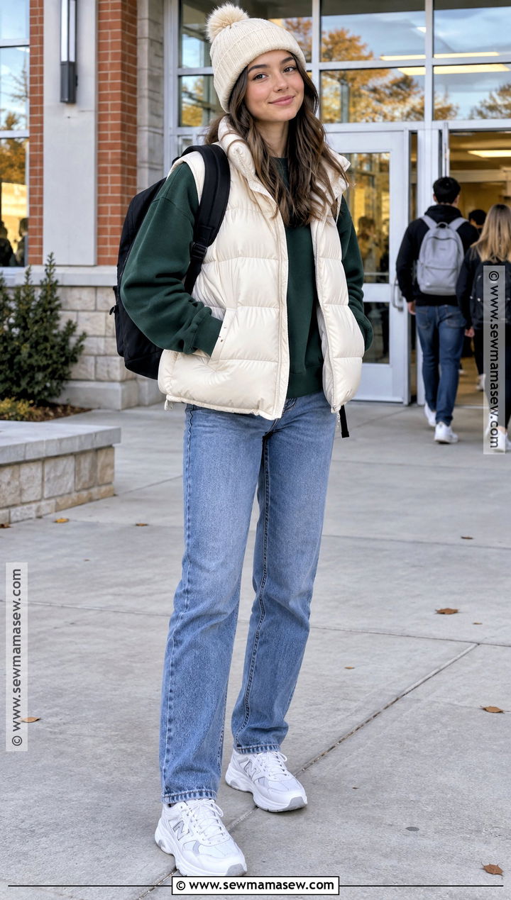 Puffer Vest And Straight Jeans Fall School Outfit - 20 fall school outfits highschool