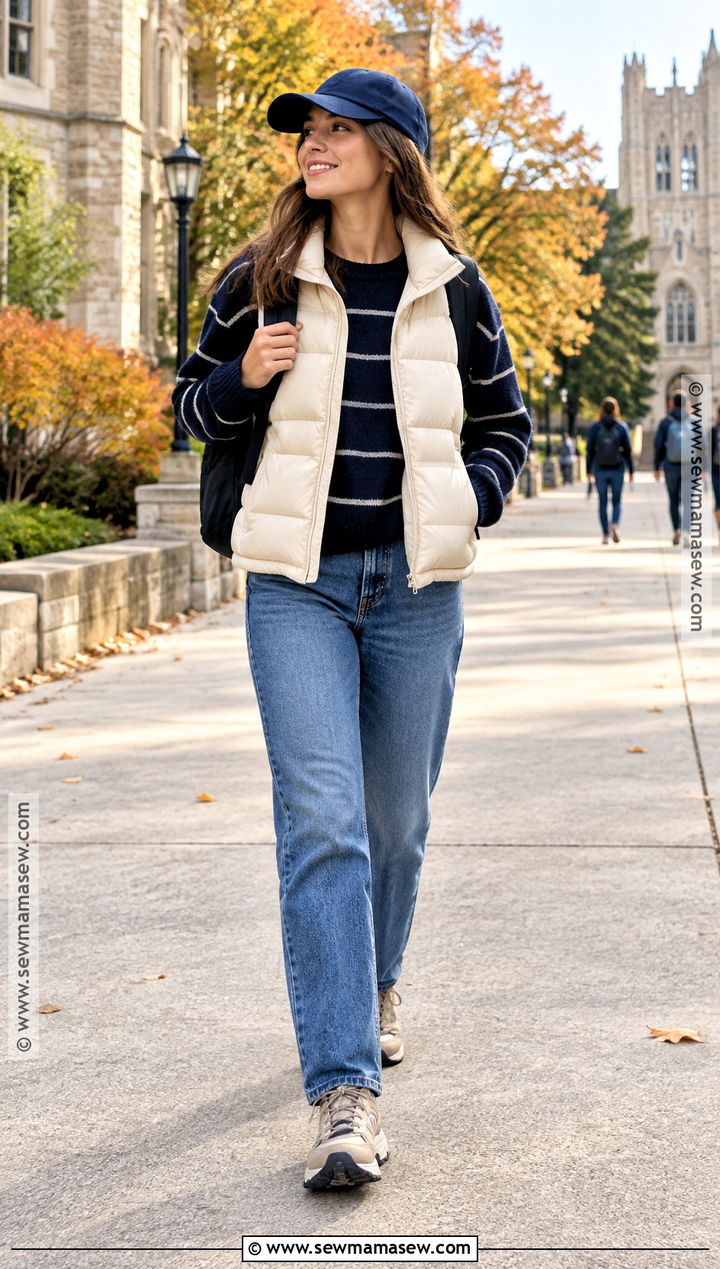 Puffer Vest And Straight Jeans For University - 20 university fall outfits