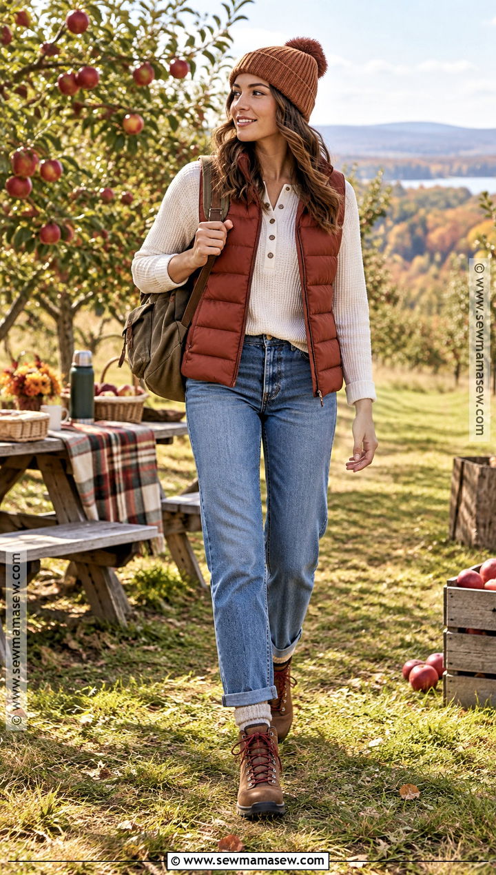 Puffer Vest And Straight Jeans Picnic Outfit - 25 autumn picnic outfit ideas