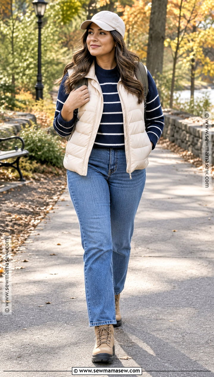 Puffer Vest And Straight Leg Jeans Fall Outfit - 20 mid size fall fashion ideas