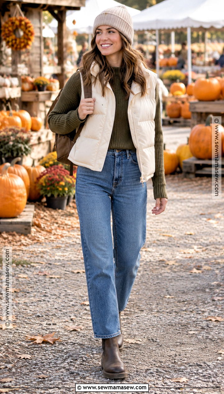 Puffer Vest And Straight Leg Jeans Outfit - 20 festival fall outfit ideas