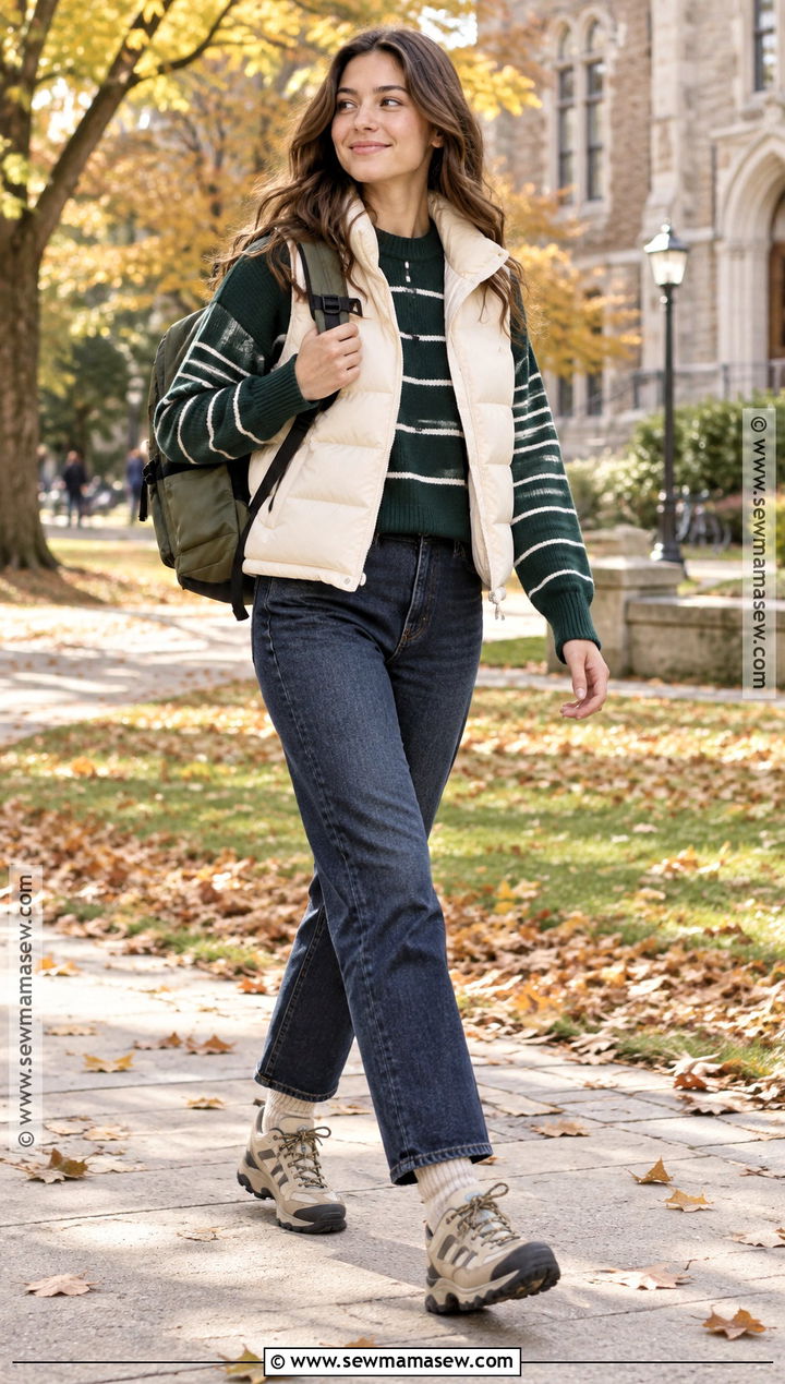 Puffer Vest And Straight Leg Jeans Uni Outfit - 25 uni fits autumn
