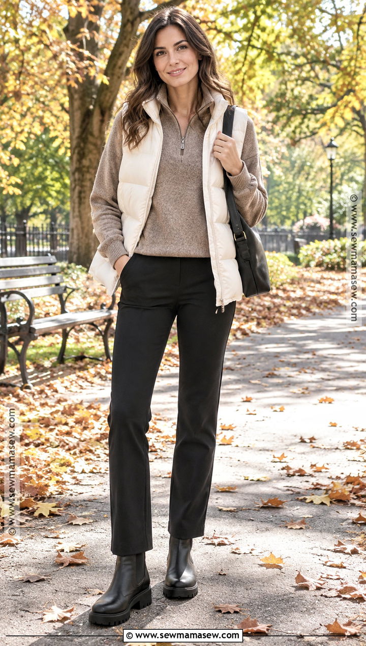 Puffer Vest And Straight Leg Pants Autumn Outfit - 20 comfy autumn outfits casual