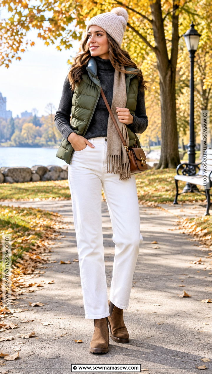 Puffer Vest And White Pants Autumn Outfit - 25 white pants outfit autumn