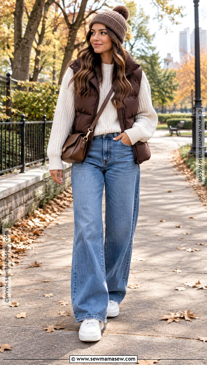 Puffer Vest And Wide Leg Jeans Fall Outfit - 25 fall swag outfits