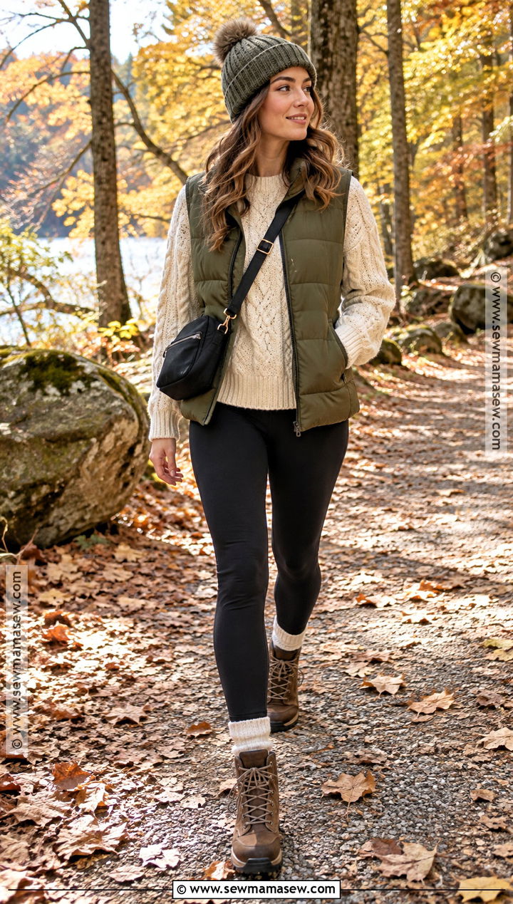 Puffer Vest Autumn Outfit With Sweater And Leggings - 25 autumn and winter outfits