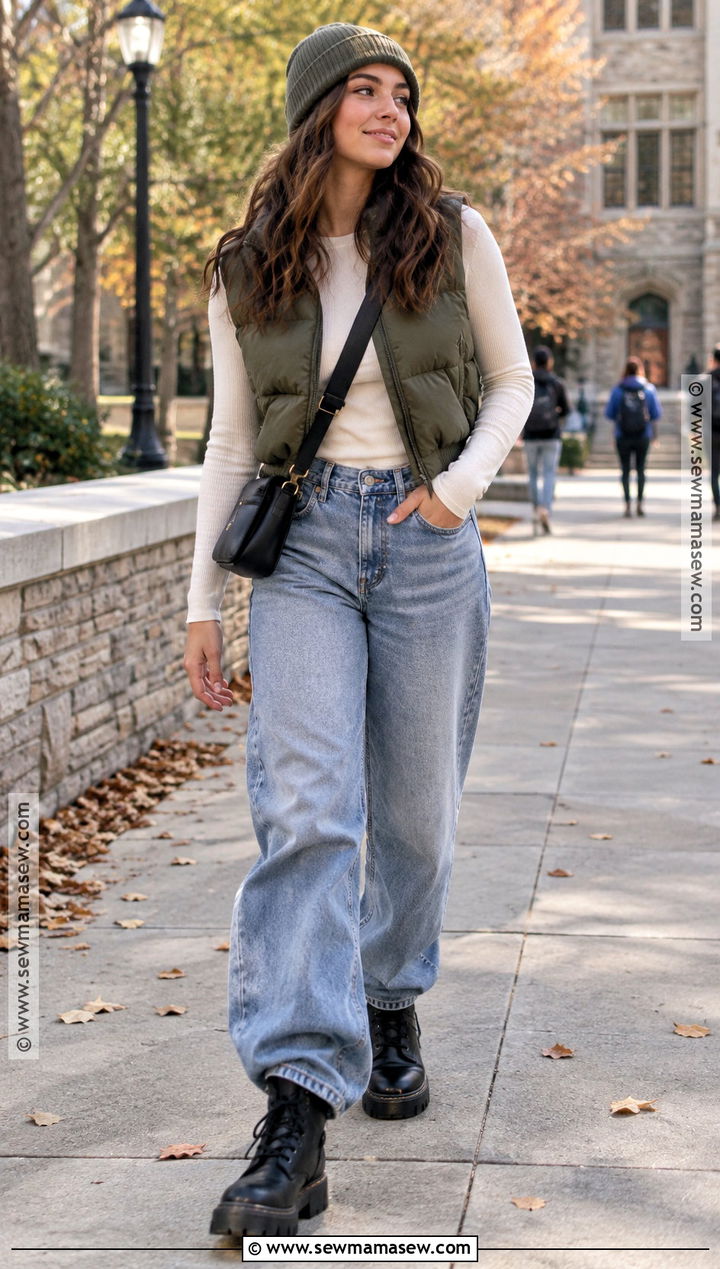 Puffer Vest Baggy Jeans and Combat Boots - 20 Fall Boots Outfit Jeans