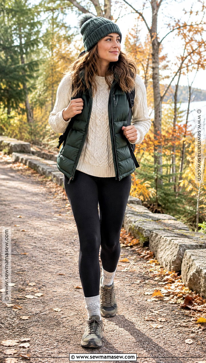 Puffer Vest Cable Knit And Leggings Fall Outfit - 20 Fall Outfit Collage Ideas