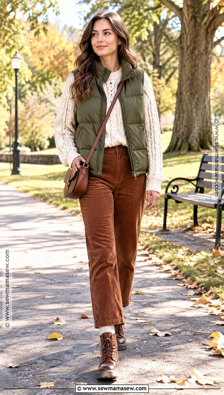 Puffer Vest Cable Knit Sweater And Corduroy Pants Outfit - 15 november looks