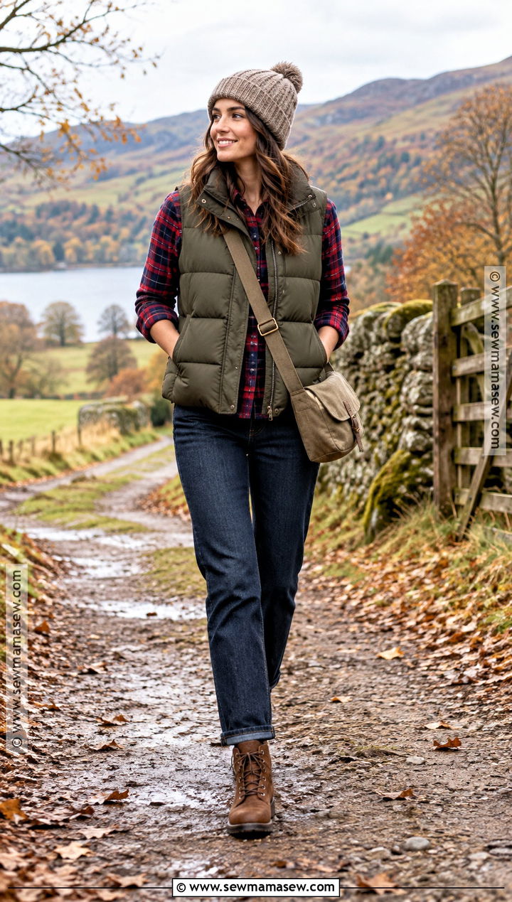 Puffer Vest Checked Shirt and Straight Jeans UK Autumn Outfit - 20 uk autumn outfits