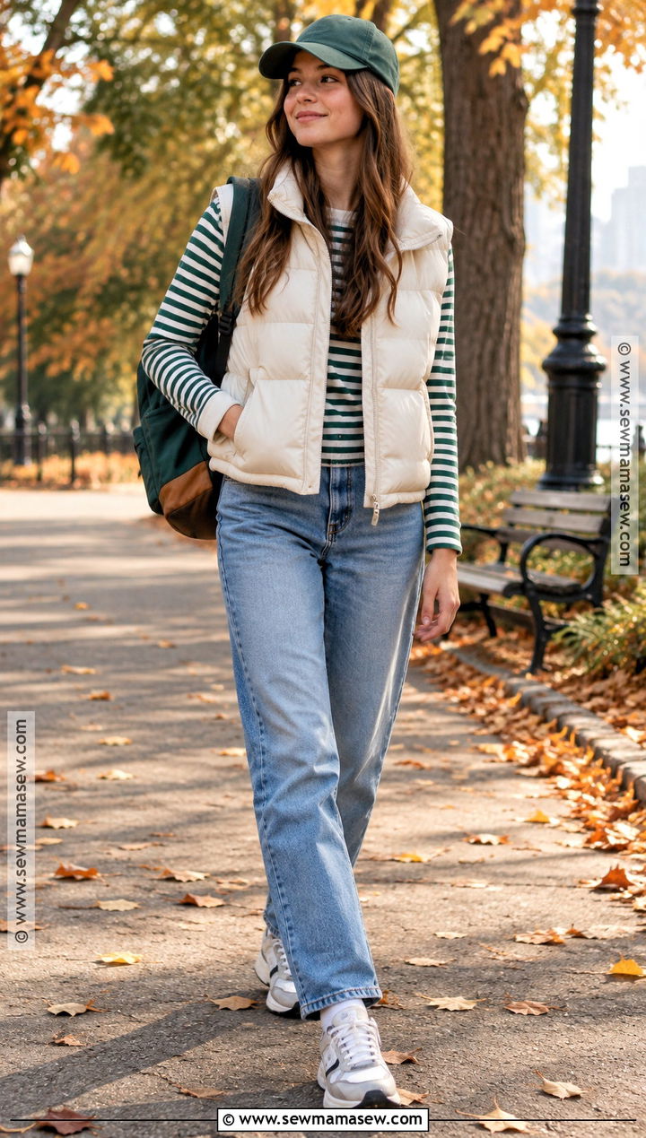 Puffer Vest Fall Outfit With A Long Sleeve Tee - 20 teenage fall outfits
