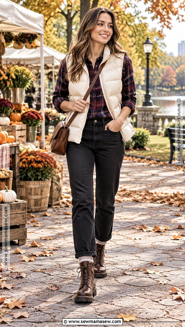 Puffer Vest Fall Outfit With Flannel Shirt - 30 outfit inspo fall ideas