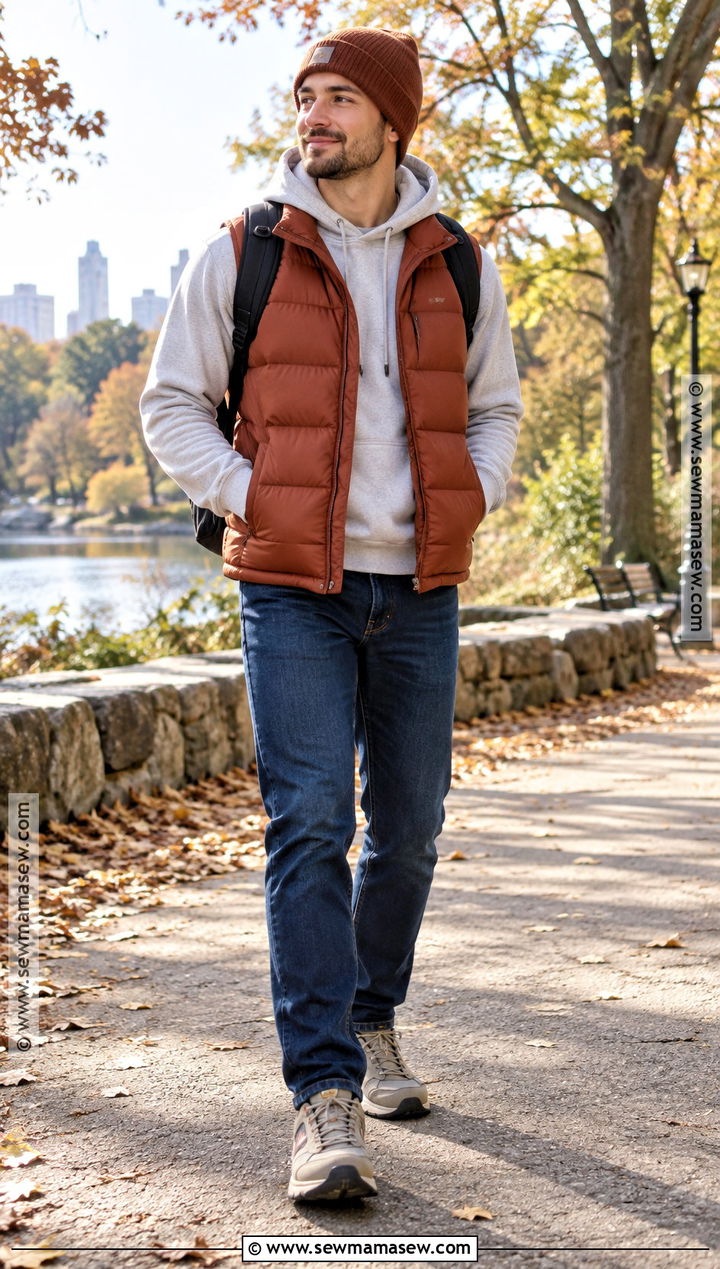 Puffer Vest Fall Outfit With Hoodie And Jeans - 15 casual mens outfits fall