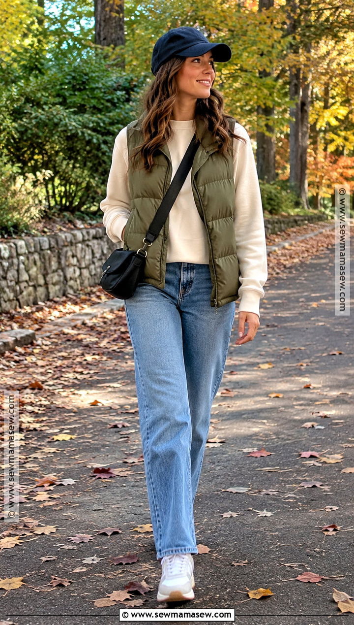 Puffer Vest Fall Outfit With Jeans And Sneakers - 25 autumn fall outfits
