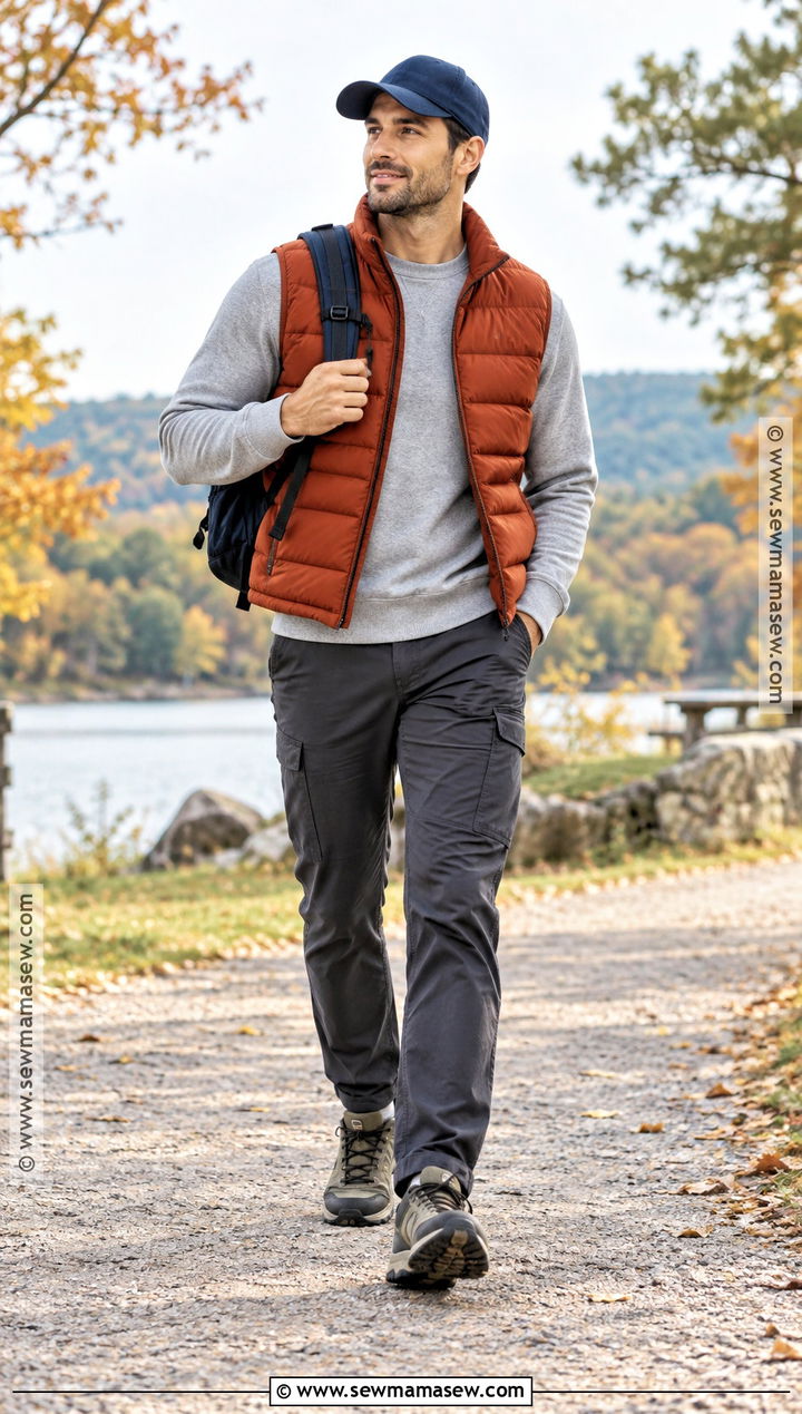 Puffer Vest Fall Outfit With Sweatshirt And Utility Pants - 15 Fall Looks for Men