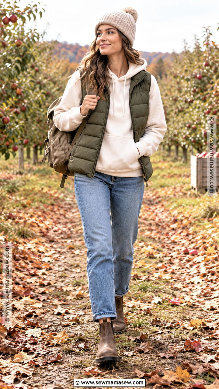Puffer Vest Farm Outfit With A Hoodie And Relaxed Jeans - 20 Fall Farm Outfits for Women