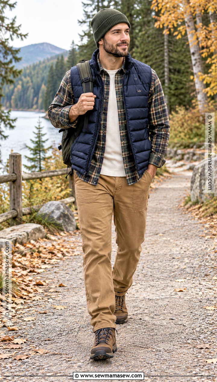 Puffer Vest Flannel Shirt and Work Pants Outfit - 15 Casual Mens Fall Outfits