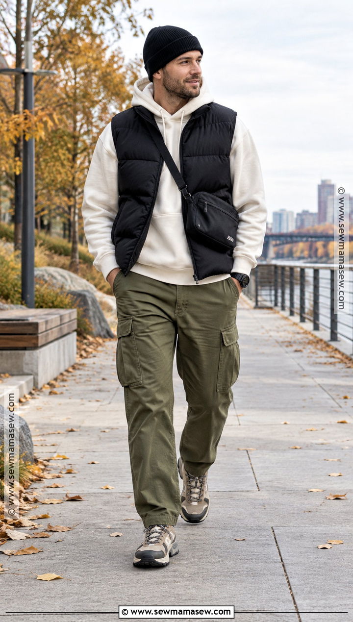 Puffer Vest Hoodie And Cargo Pants Outfit - 20 men fall outfits casual street style