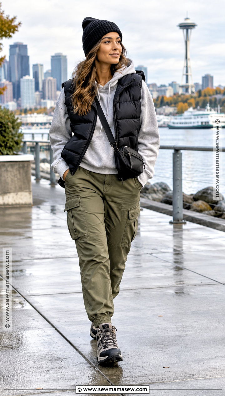 Puffer Vest Hoodie And Cargo Pants Seattle Fall Outfit - 20 Fall Seattle Outfits