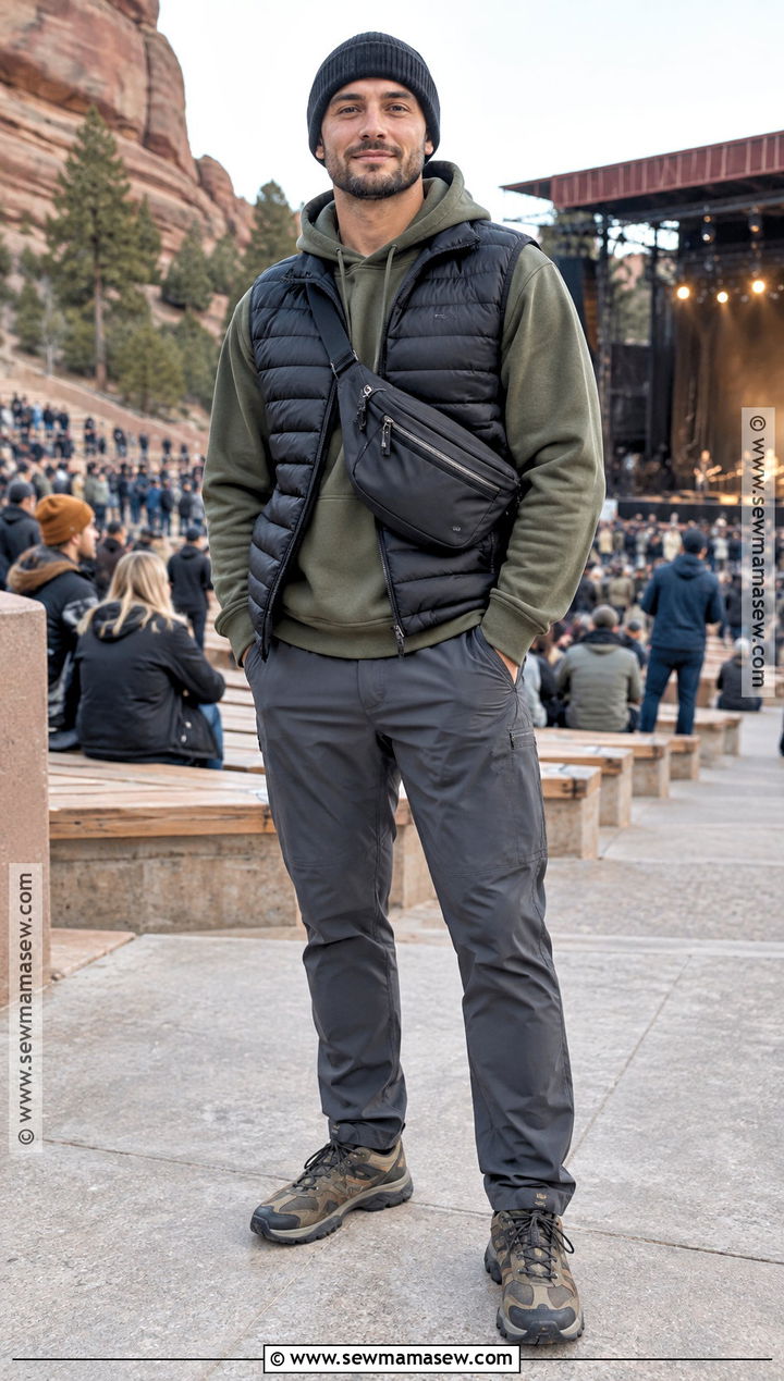 Puffer Vest Hoodie and Tech Pants Outdoor Concert Outfit - 15 concert outfit men fall ideas